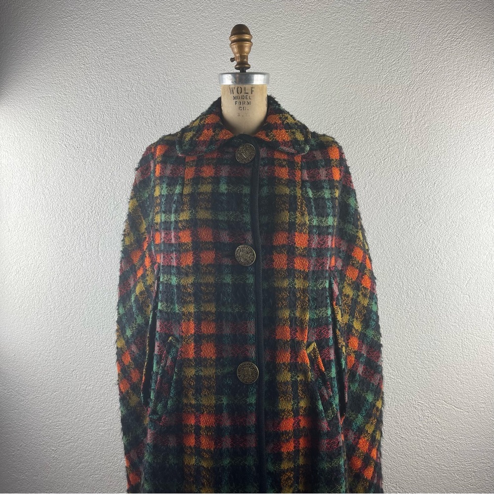 Vintage l 60s M Rainbow Plaid Tweed Faux Fur Brass Coin Buttons Mod Cape Poncho